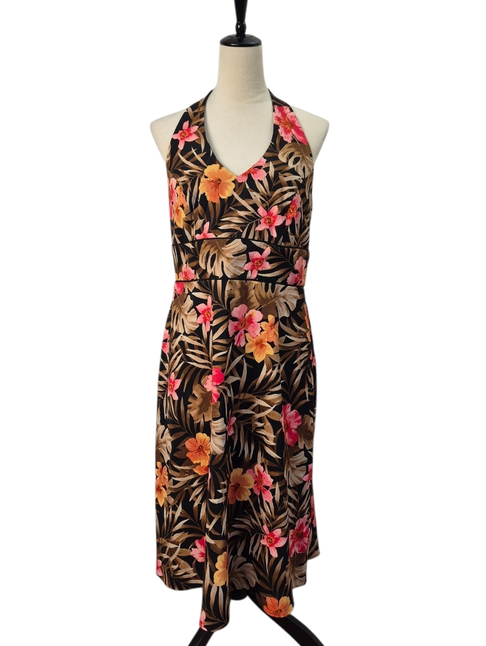 VTG AB Studio Tropical Hawaiian Print Halter Midi A Line Dress Sz 12 Resort